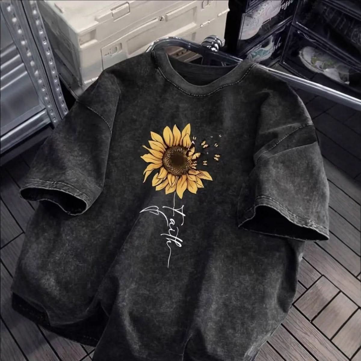 Sunflower Butterfly Cotton Washed T-Shirt For Women - Eshtree