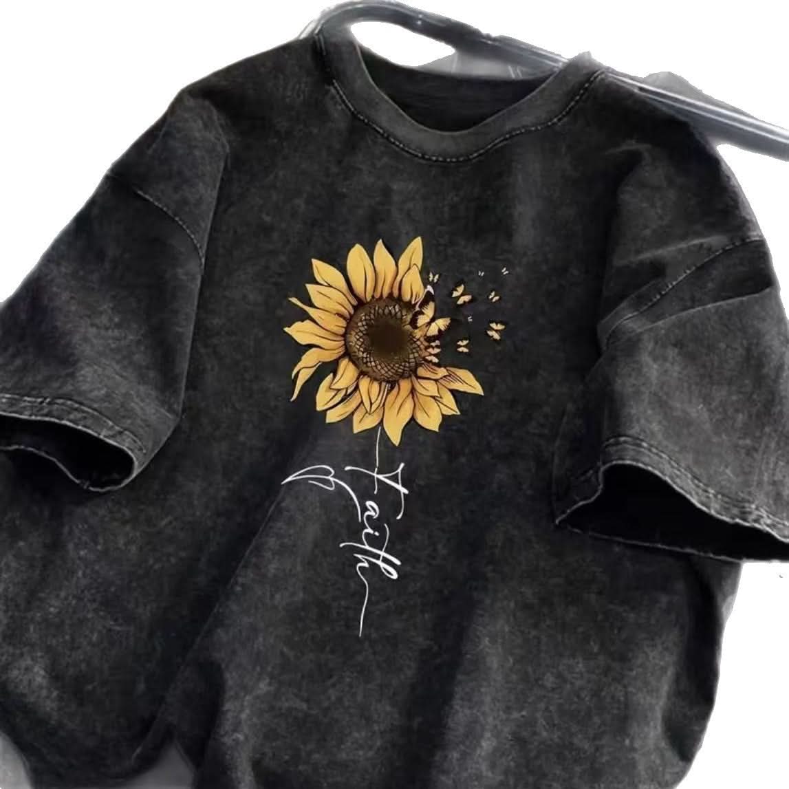 Sunflower Butterfly Cotton Washed T-Shirt For Women - Eshtree