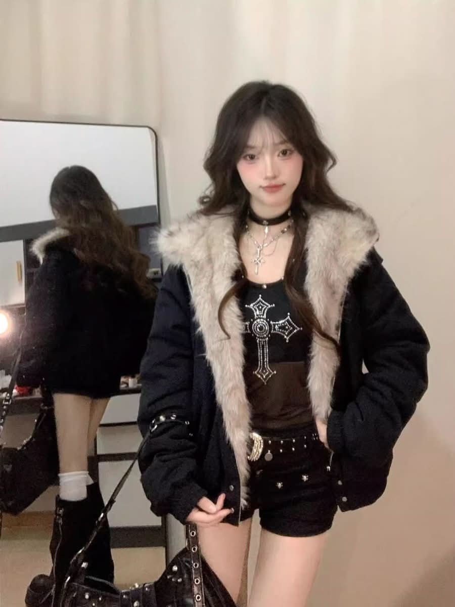 Thickened Fur Collar Hood Cotton - padded Coat For Women - Eshtree