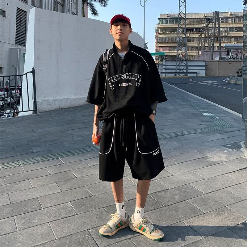 Waffle Sports Shorts Suit Students Hong Kong Style Polo Shirt Short Sleeve Casual - Eshtree