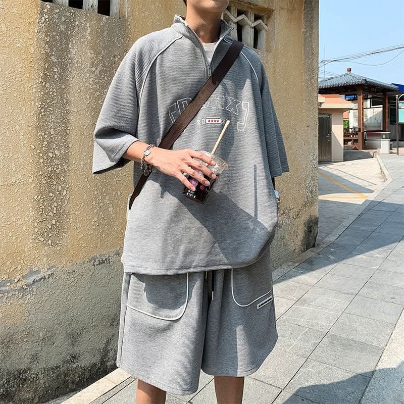 Waffle Sports Shorts Suit Students Hong Kong Style Polo Shirt Short Sleeve Casual - Eshtree