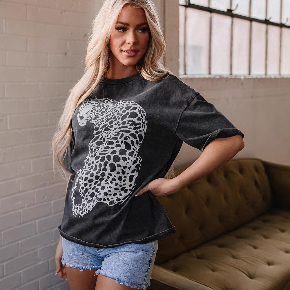Washed Old New Leopard Print Short - sleeved T-shirt For Women - Eshtree