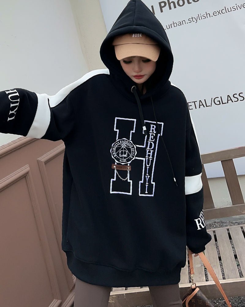 Women's Casual Embroidered Letters Velvet Padded Hooded Sweatshirt - Eshtree