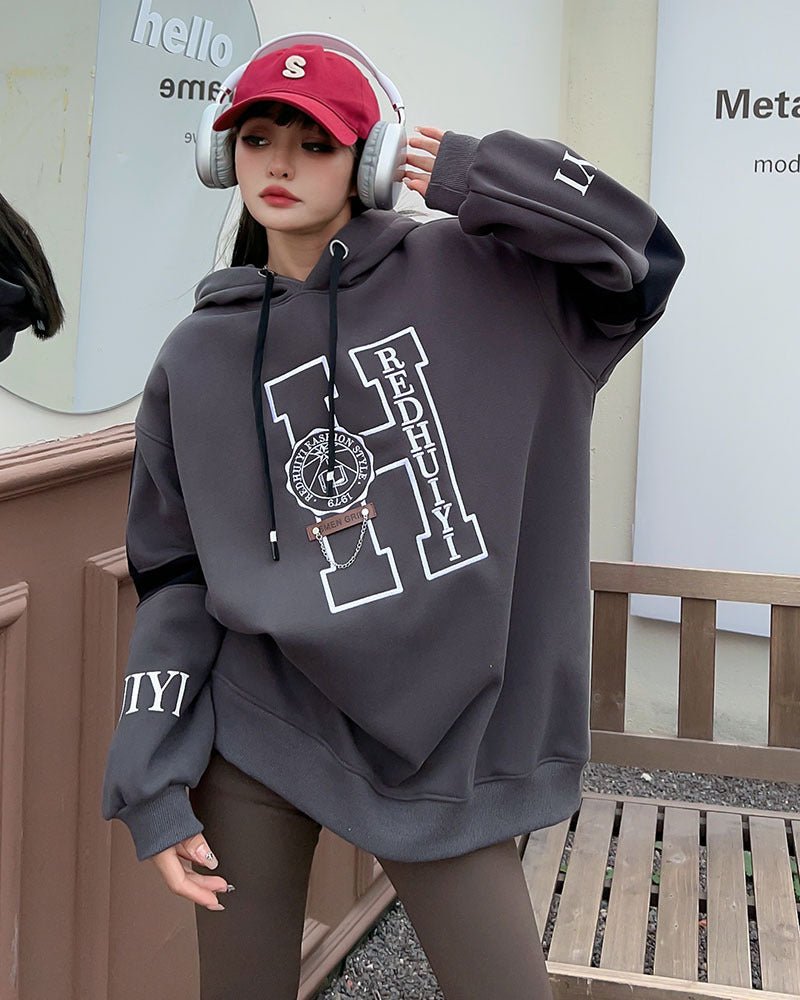 Women's Casual Embroidered Letters Velvet Padded Hooded Sweatshirt - Eshtree