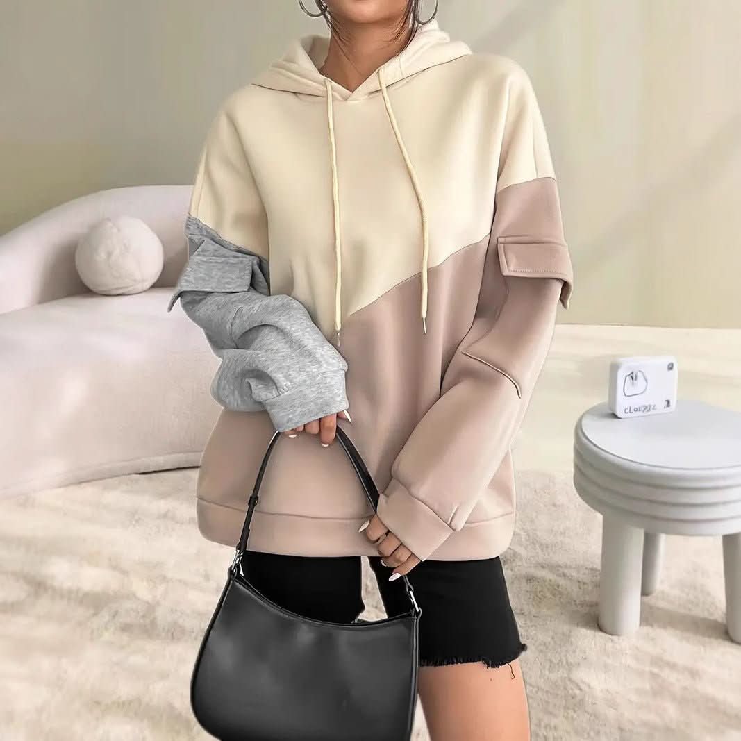 Womens Casual Fashion Color - Block Patchwork Hoodie With Long Sleeves - Eshtree