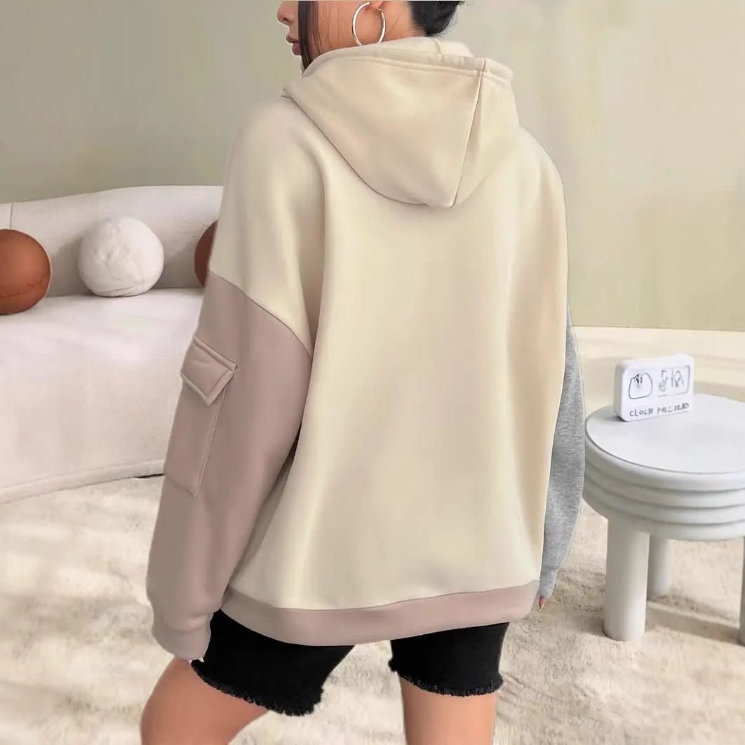 Womens Casual Fashion Color - Block Patchwork Hoodie With Long Sleeves - Eshtree
