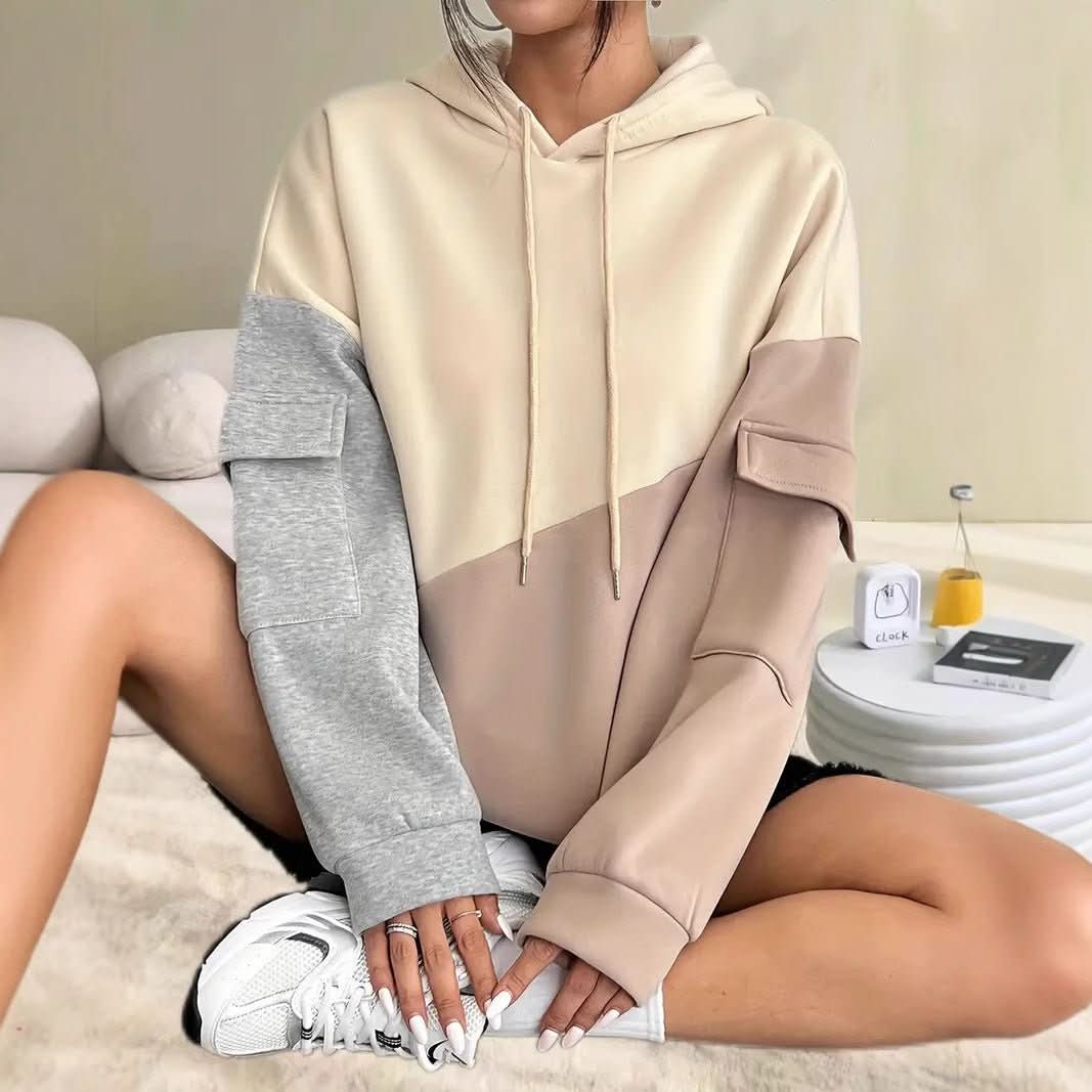 Womens Casual Fashion Color - Block Patchwork Hoodie With Long Sleeves - Eshtree