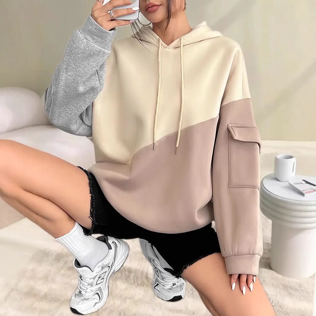 Womens Casual Fashion Color - Block Patchwork Hoodie With Long Sleeves - Eshtree