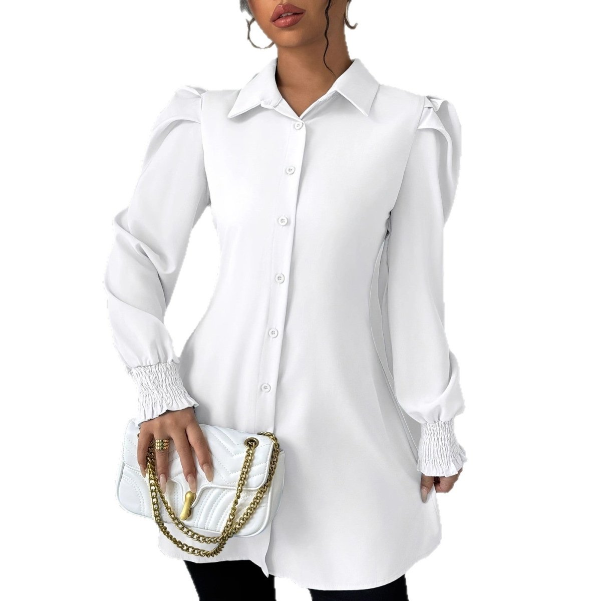 Womens Casual Solid - color Single - breasted Long - sleeve Shirt - Eshtree