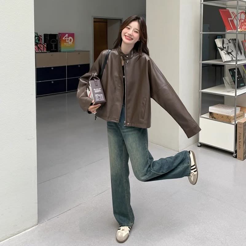 Womens Cropped American Retro Coffee - colored Leather Biker Jacket - Eshtree