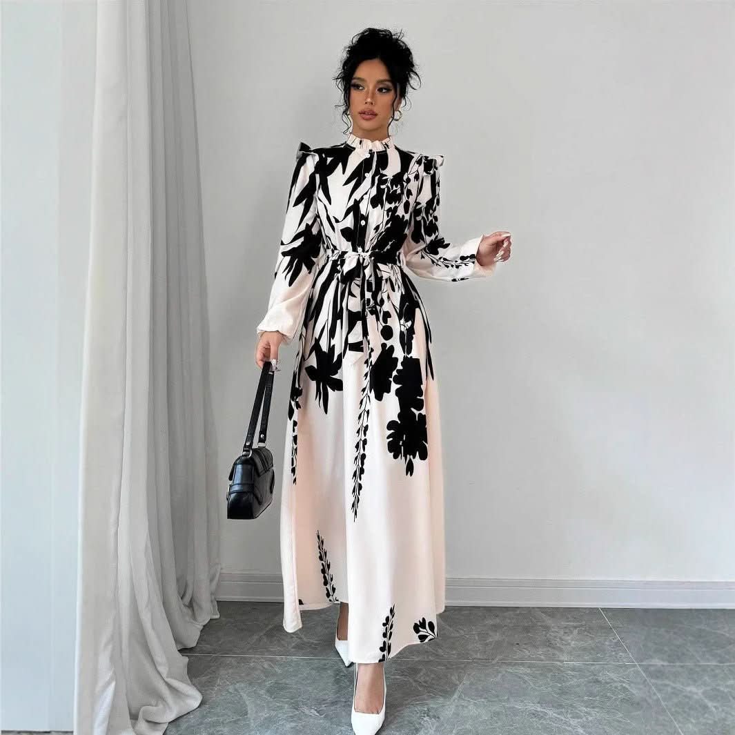 Women's Flower Waist Long Sleeve A - Line Dress - Eshtree