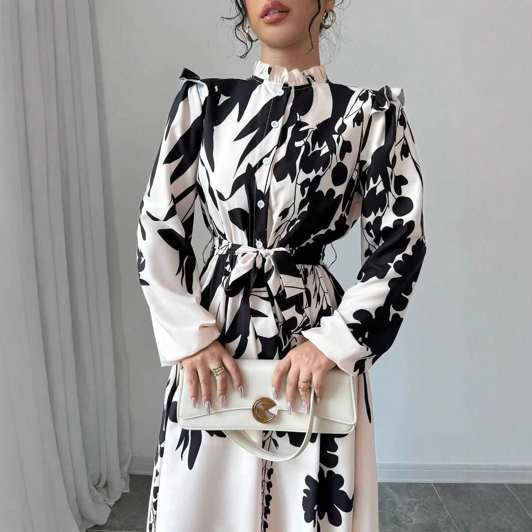 Women's Flower Waist Long Sleeve A - Line Dress - Eshtree