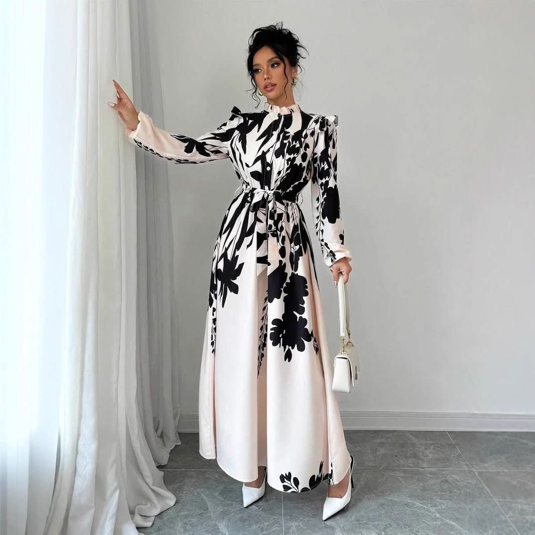 Women's Flower Waist Long Sleeve A - Line Dress - Eshtree