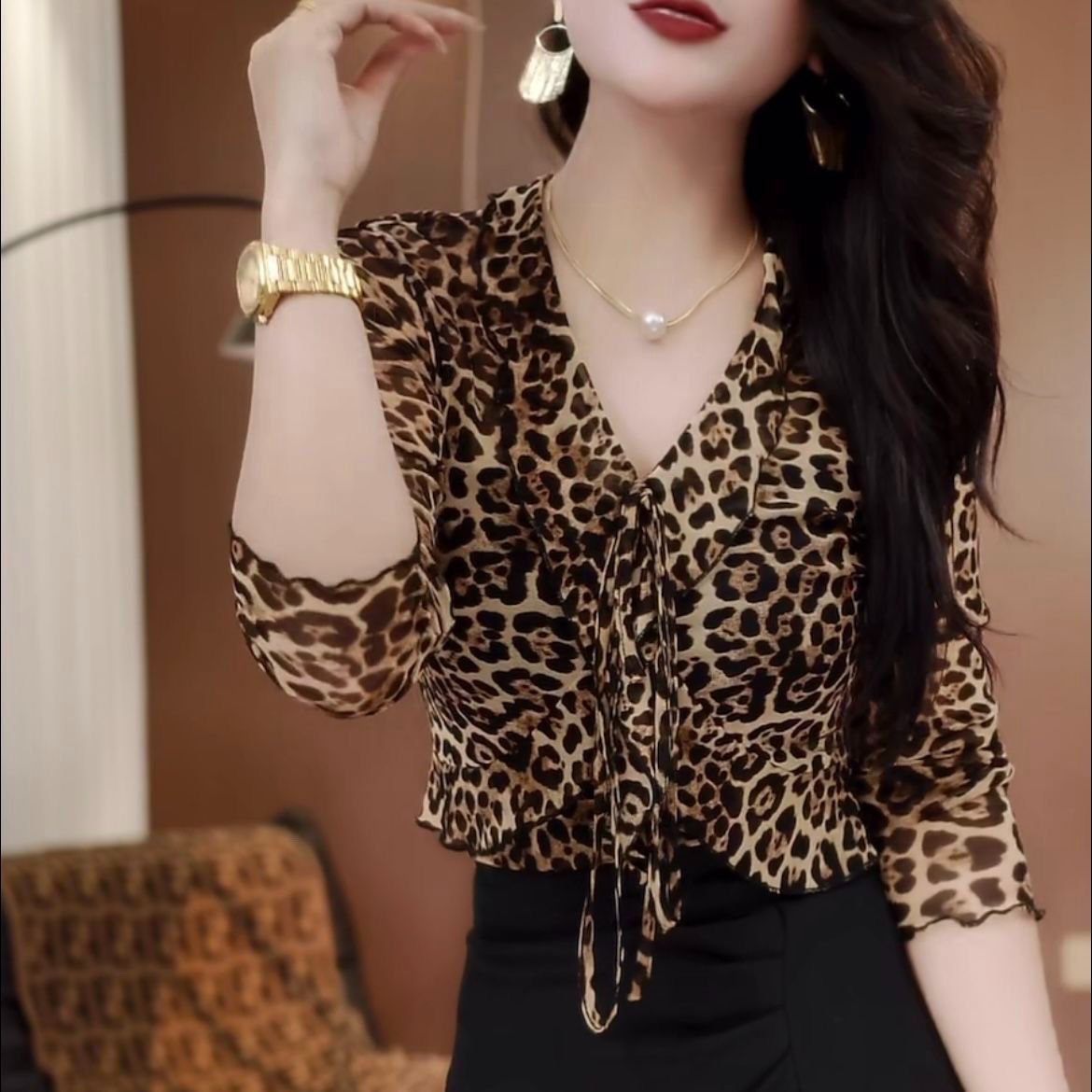 Womens French - print Shirt With V - neck And Long Sleeves - Eshtree