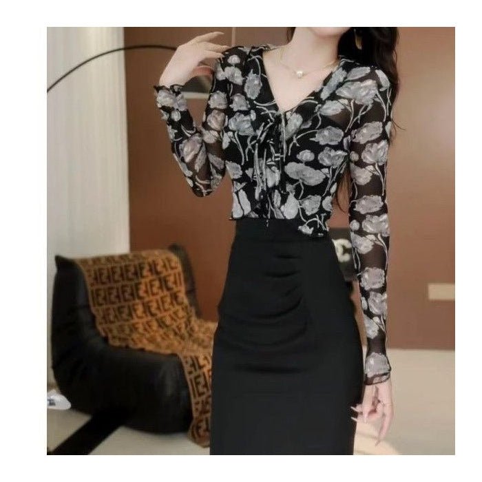 Womens French - print Shirt With V - neck And Long Sleeves - Eshtree