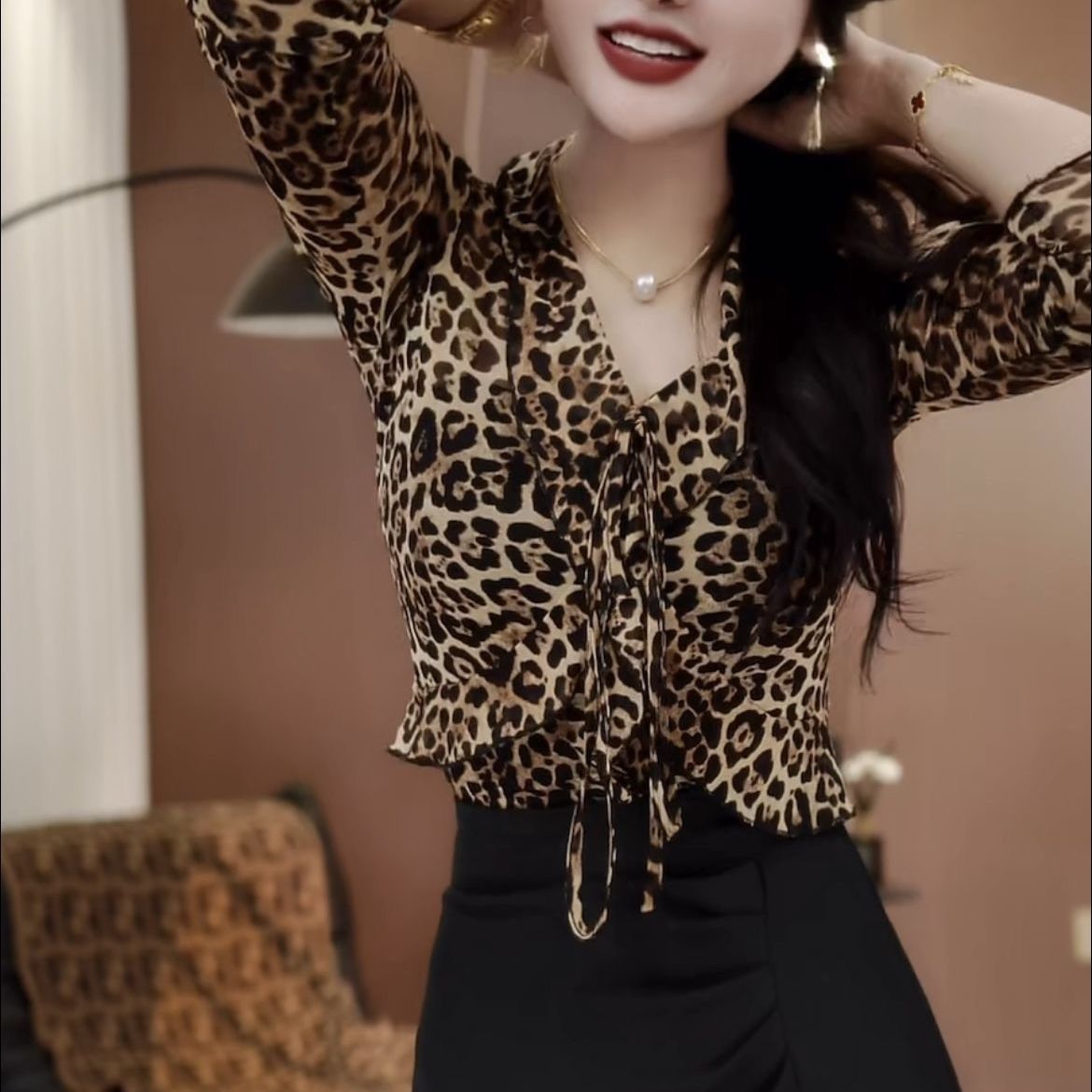 Womens French - print Shirt With V - neck And Long Sleeves - Eshtree