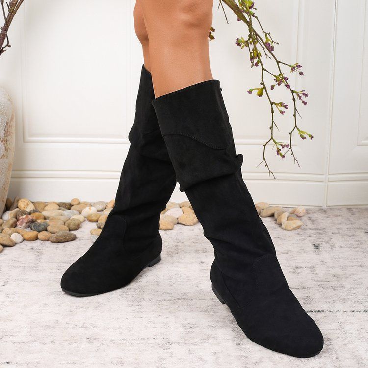 Womens Highshaft Pleated Suede Chunkyheel Boots - Eshtree