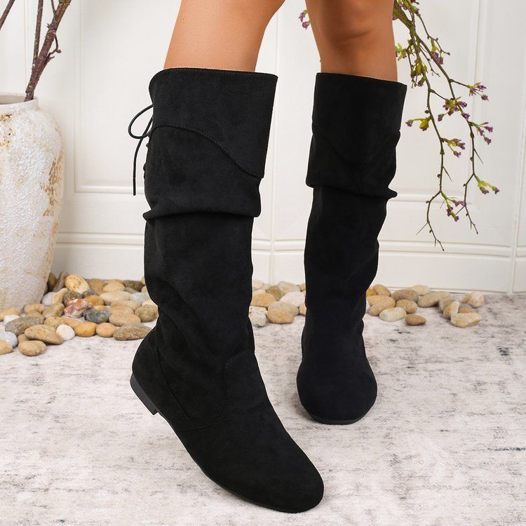 Womens Highshaft Pleated Suede Chunkyheel Boots - Eshtree