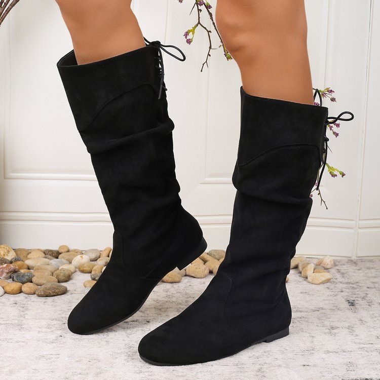 Womens Highshaft Pleated Suede Chunkyheel Boots - Eshtree