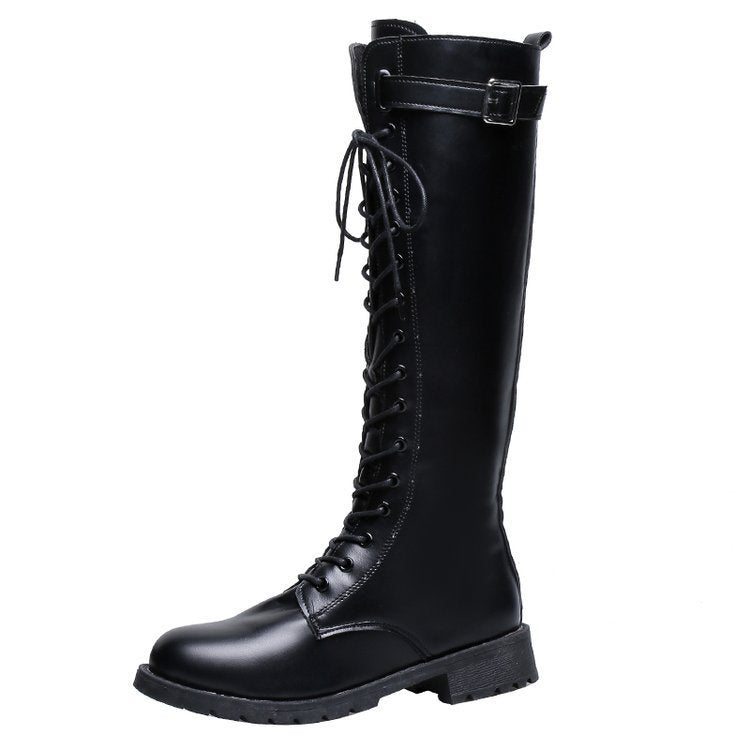 Womens Mid - heel High Boots With Laces And Buckles - Eshtree