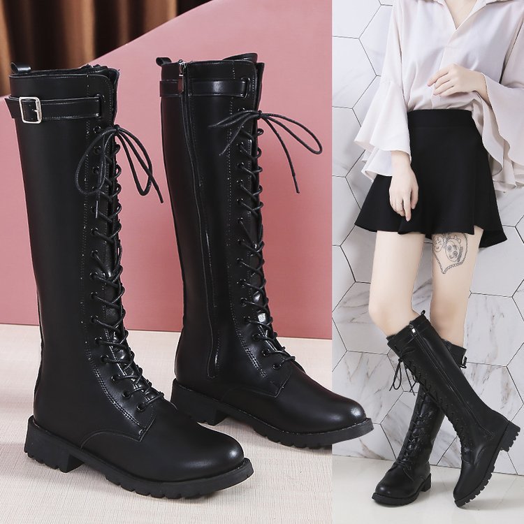 Womens Mid - heel High Boots With Laces And Buckles - Eshtree