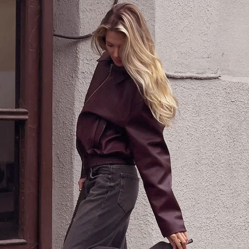 Women's Retro Lapels Zip Leather Jacket - Eshtree