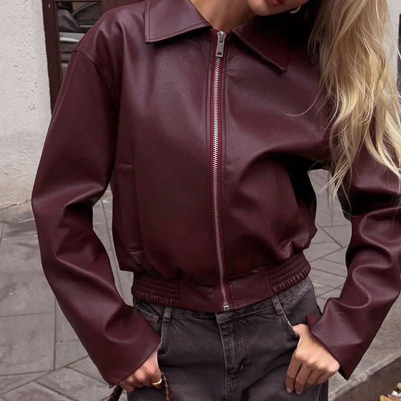 Women's Retro Lapels Zip Leather Jacket - Eshtree