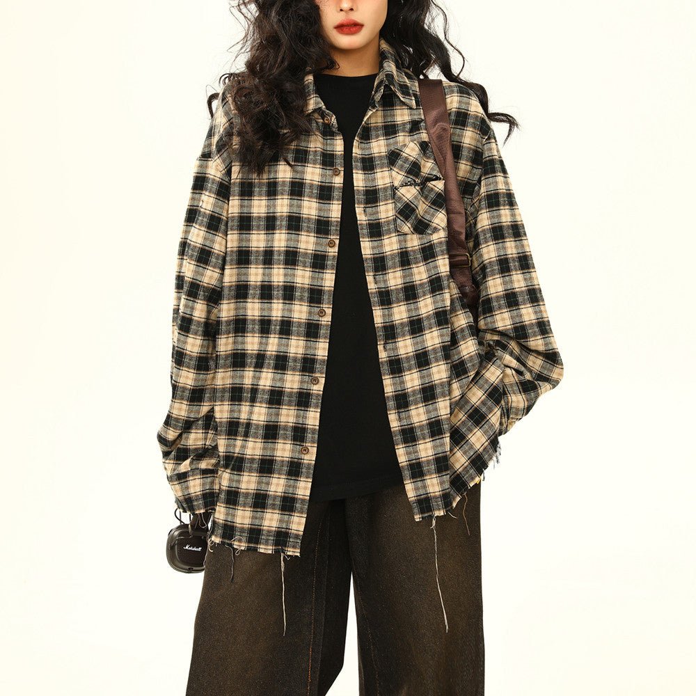 Womens Retro Maillard Loose All - Match Plaid Blouse - Eshtree