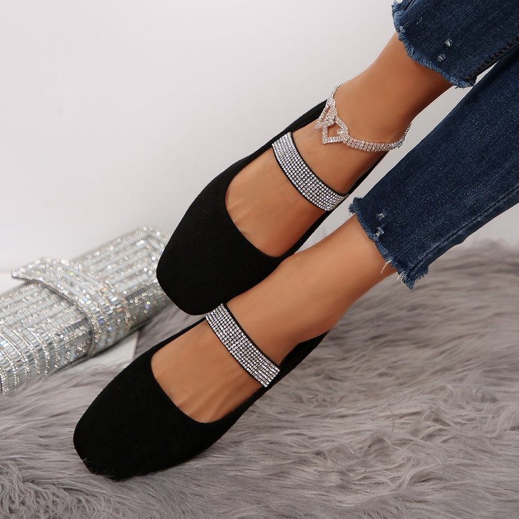 Women's Rhinestone Square - toe Shallow - mouth Suede Flat Shoes - Eshtree