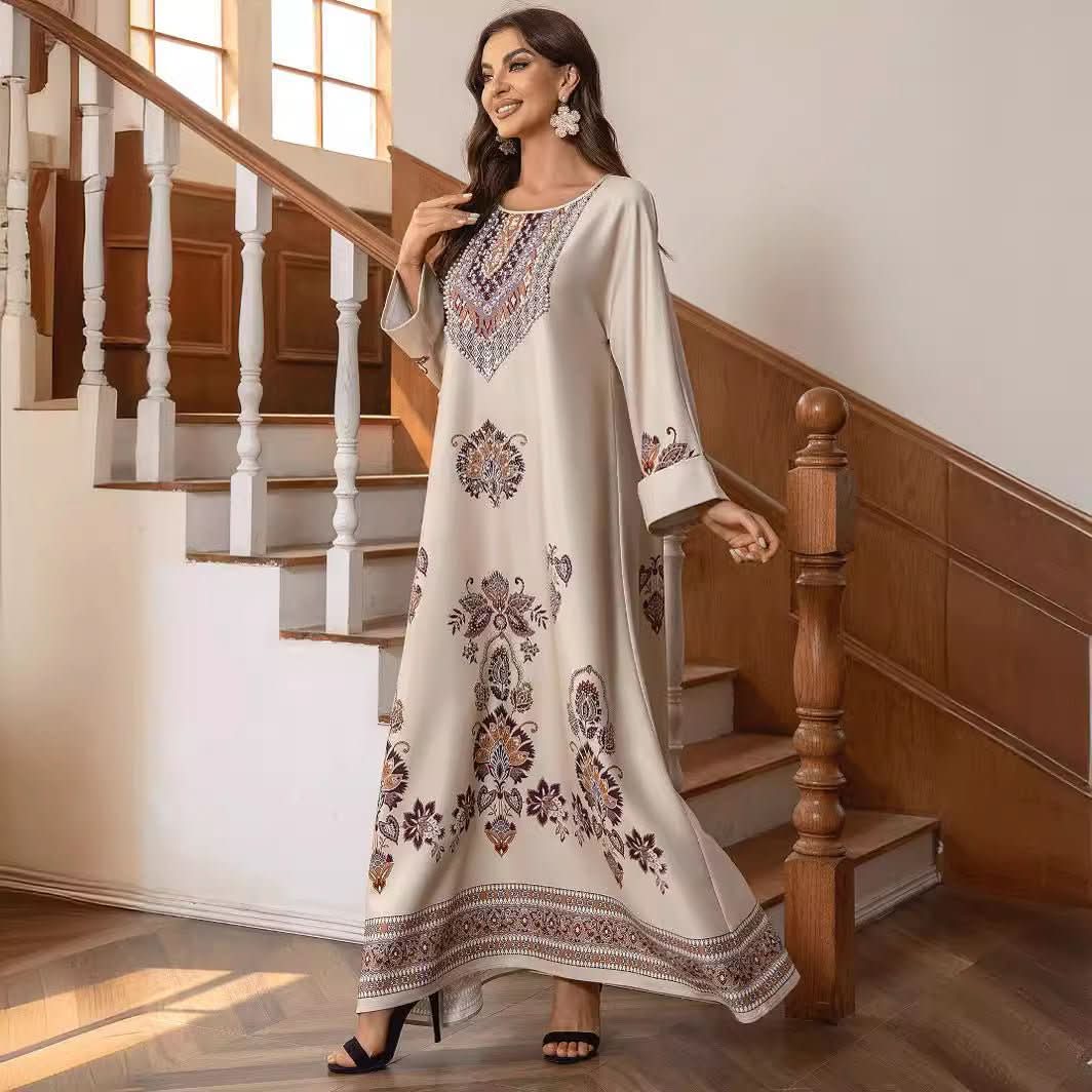 Women's Round Neck Printed Rhinestones Beaded Loose Dress - Eshtree