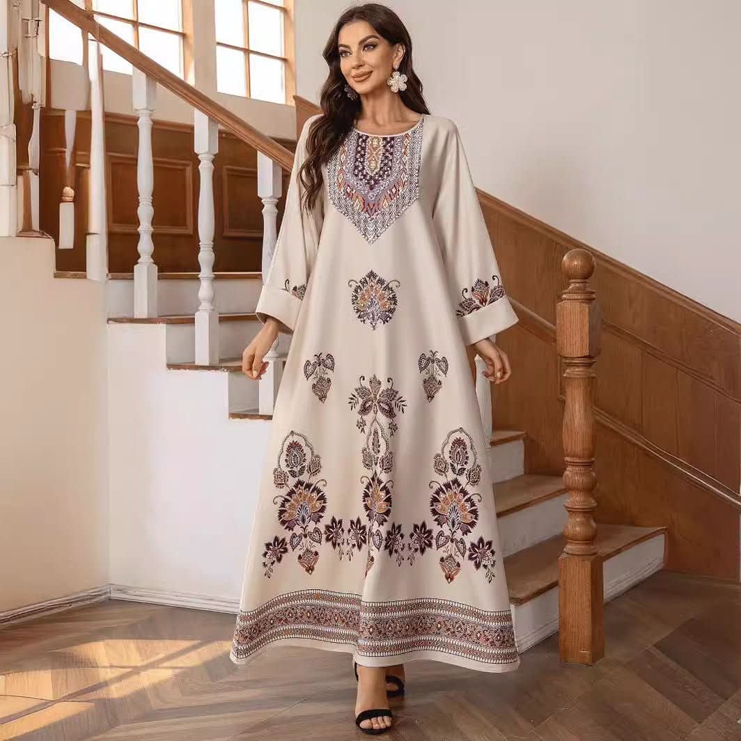 Women's Round Neck Printed Rhinestones Beaded Loose Dress - Eshtree