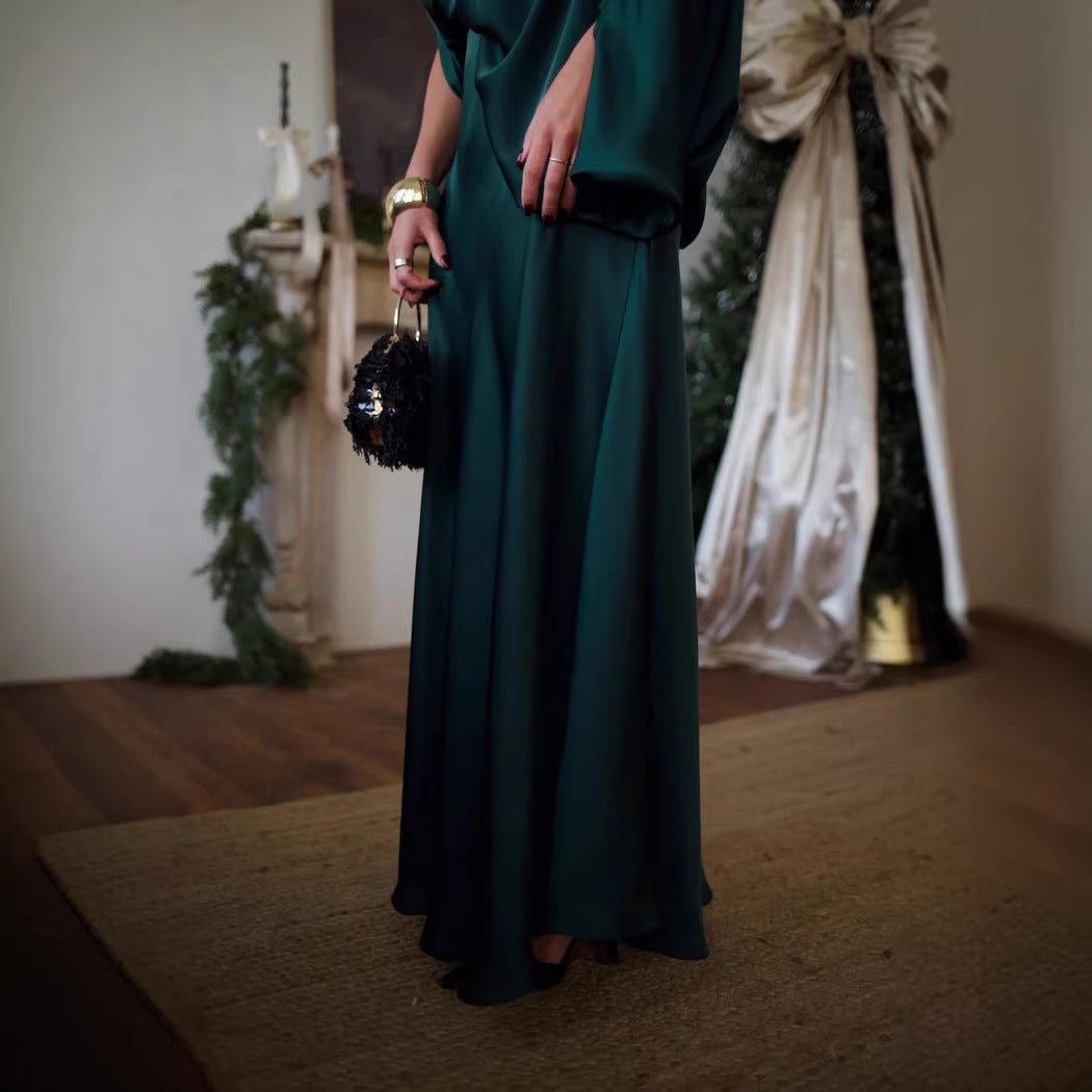 Womens Solid - Color Crew - Neck Long - Sleeve Top Sheath Maxi Skirt - Eshtree