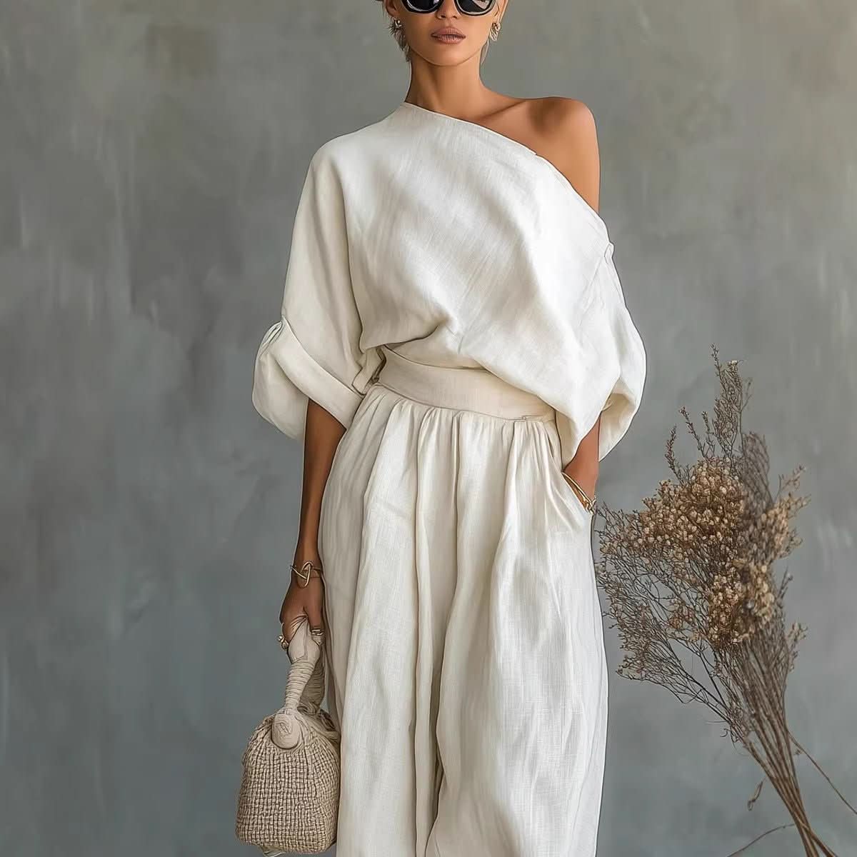 Womens Solid - Color Elegant Off - Shoulder Top And Pants Loose Two - Piece Set - Eshtree