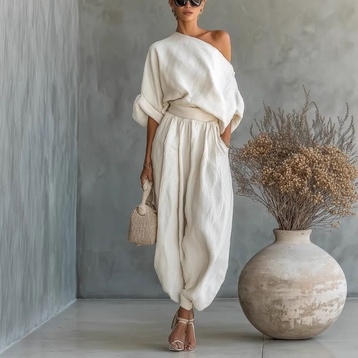 Womens Solid - Color Elegant Off - Shoulder Top And Pants Loose Two - Piece Set - Eshtree