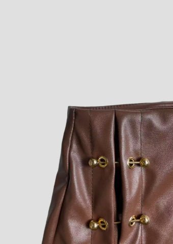 Womens Solid - Color Faux Leather Mini Skirt With Metal Buttons - Eshtree