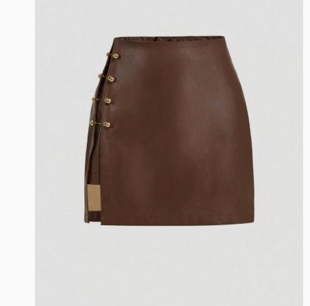 Womens Solid - Color Faux Leather Mini Skirt With Metal Buttons - Eshtree