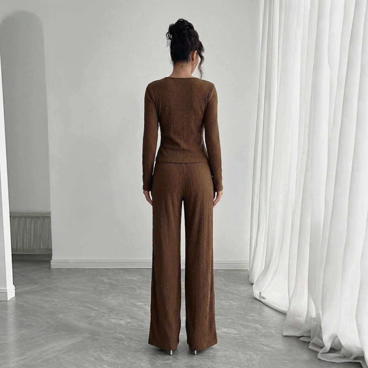 Womens Solid - Color V - Neck Cross - Over Long - Sleeve T-Shirt And Pants Set - Eshtree