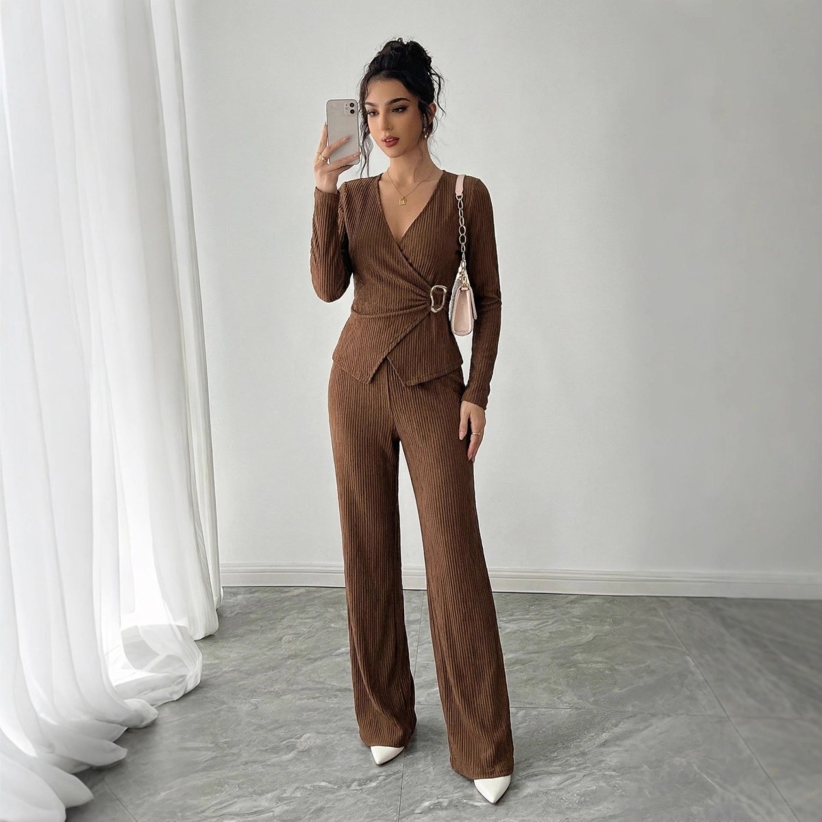 Womens Solid - Color V - Neck Cross - Over Long - Sleeve T-Shirt And Pants Set - Eshtree