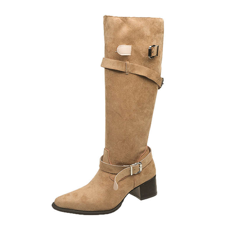 Womens Suede Pointed Toe Chunky Heel Ankle Boots - Eshtree