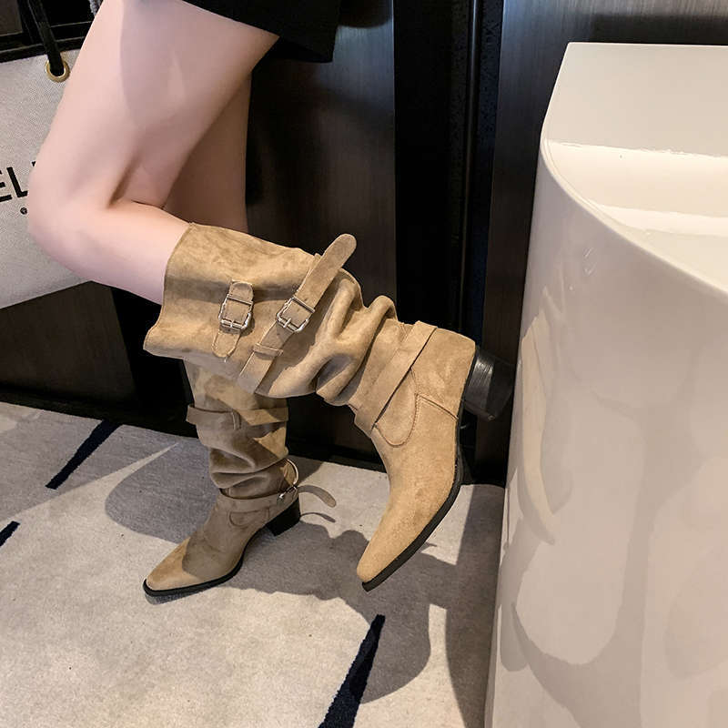 Womens Suede Pointed Toe Chunky Heel Ankle Boots - Eshtree