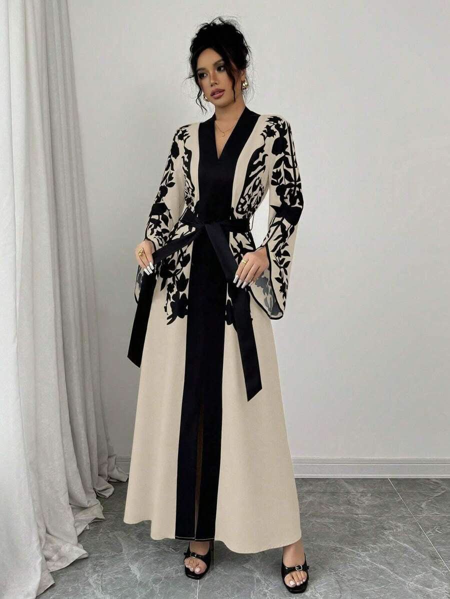 Women's V - neck Long Cardigan Printed Flared Long - sleeve Lace - up Dress - Eshtree