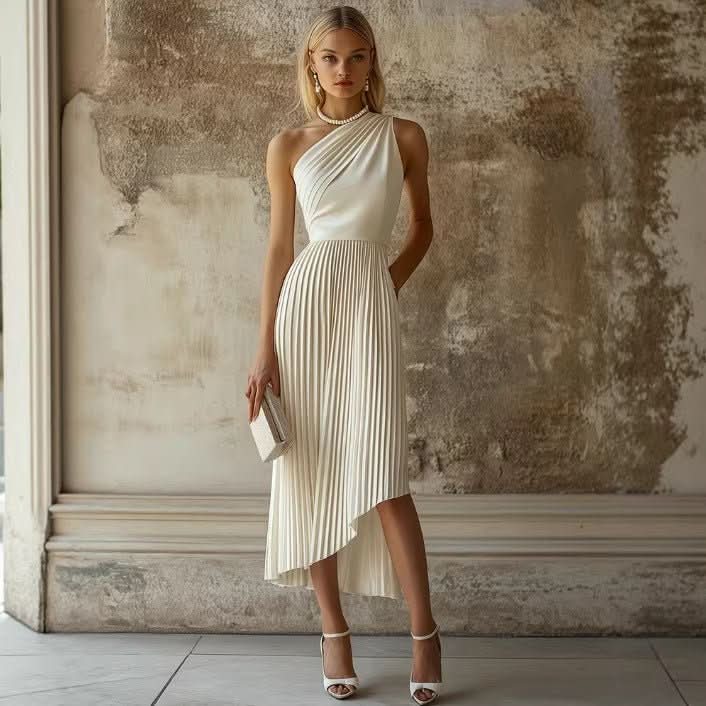 Womens White Pleated Sleeveless Dress - Eshtree