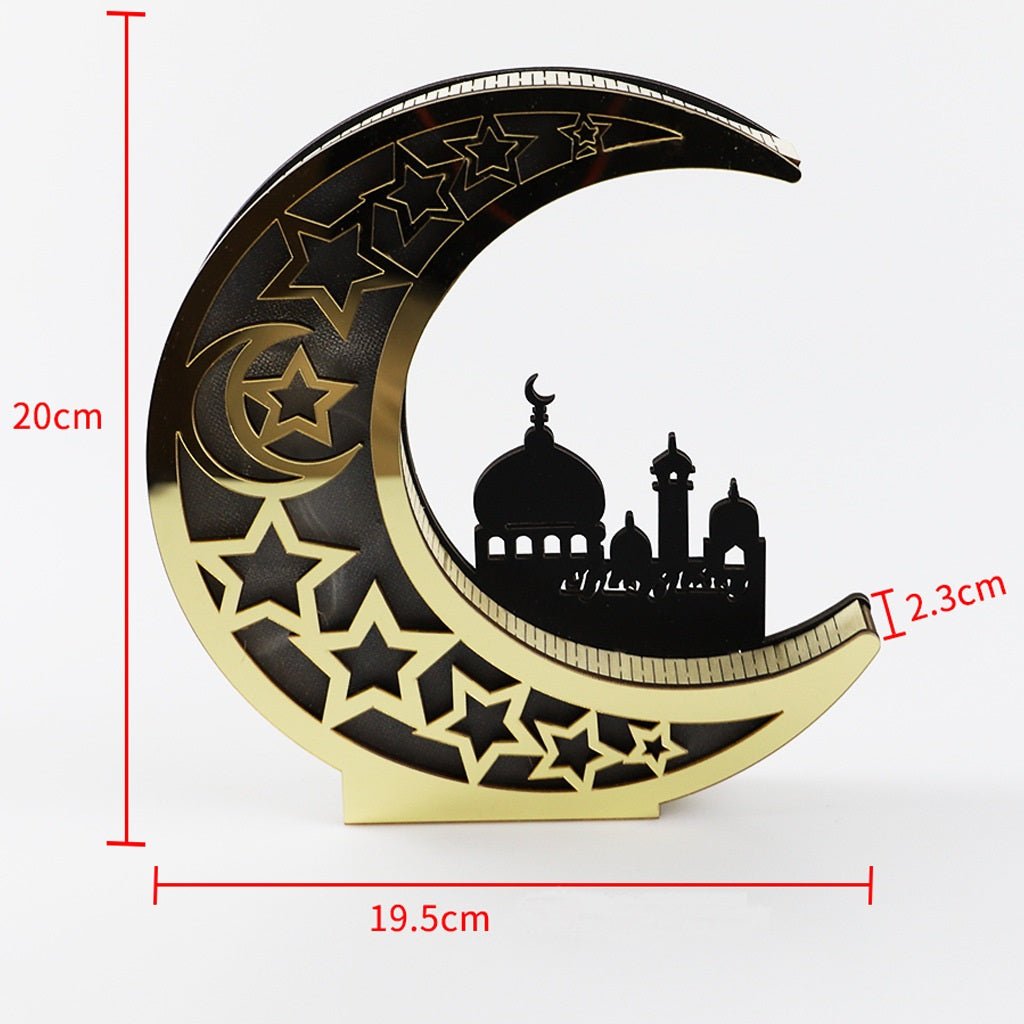 Wooden Eid Mubarak Mirror Golden Moon Castle Hollow Letters with LED Lights Crafts - Eshtree