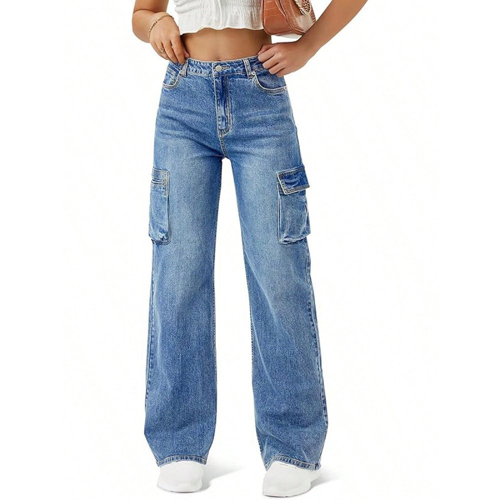 Stylish, Niche Design Straight-leg Denim Jeans With A Flap And Oversized Pockets