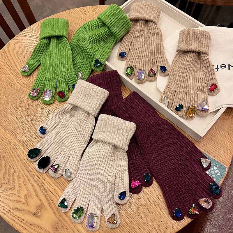 Rhinestone Touch Screen Open Finger Finger Knitted Gloves