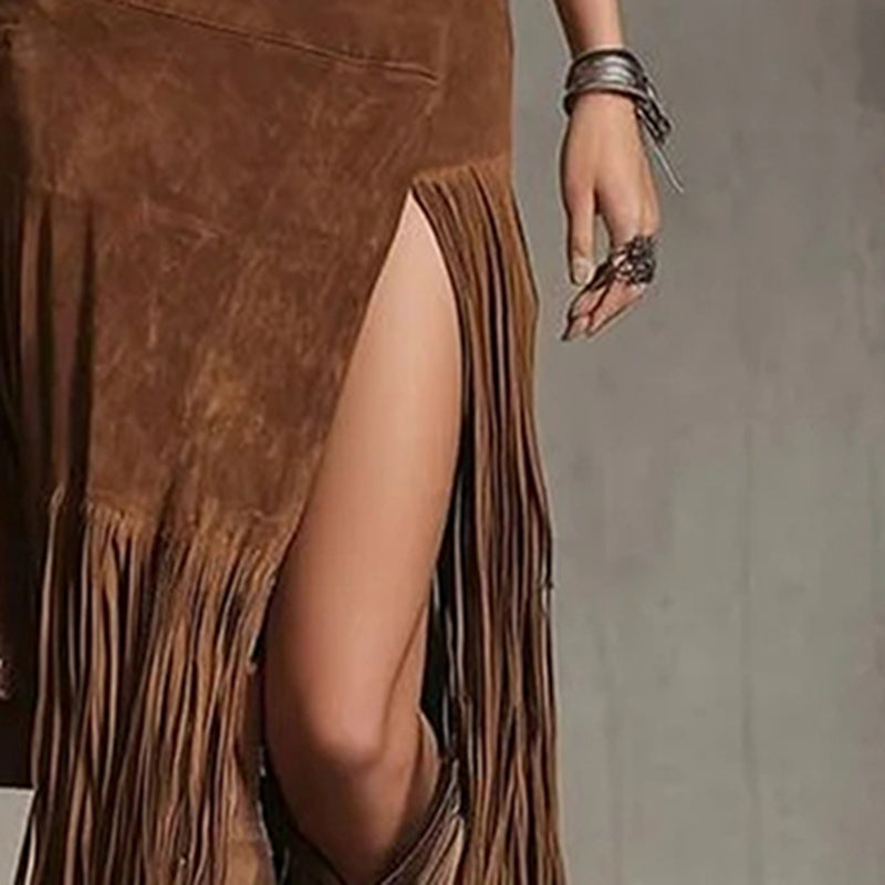 Women's Fashion Patchwork Maxi Skirt With Fringe Hem And High Side Slit Western Style Boho Skirt For Vacation