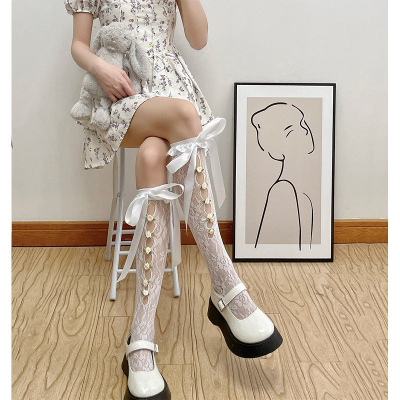 Sweet Girl's Milky White Hollow Lace Satin Ribbon Thigh High Socks