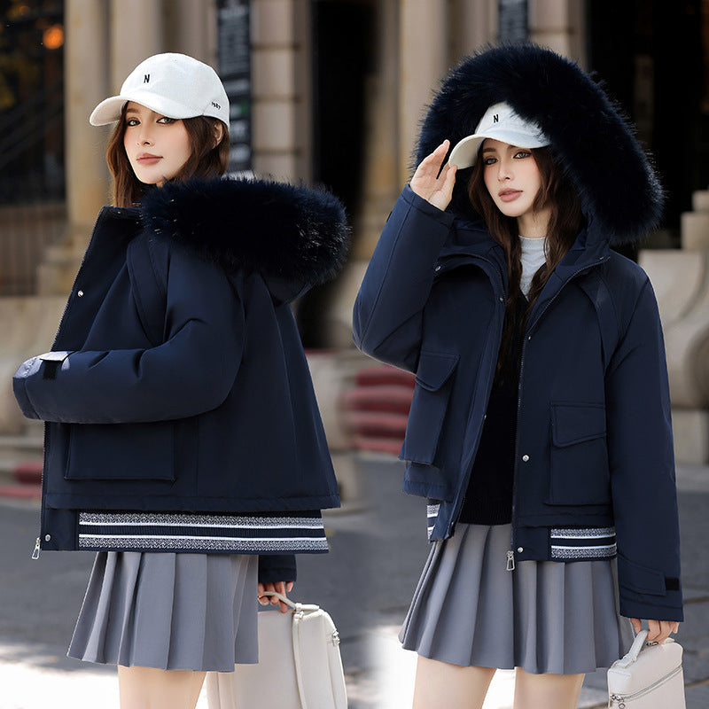 Russian Stitching Jacket Female Thicken Big Fur Collar Cotton Coat Jacket