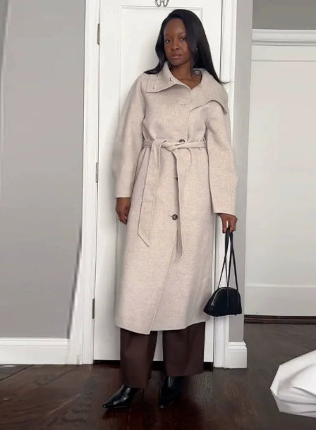 Retro Solid Stand Collar Long Tweed Coat Women