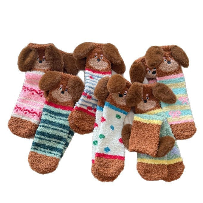 Cartoon Sausage Dog Coral Fleece Tube Socks Home Room Socks